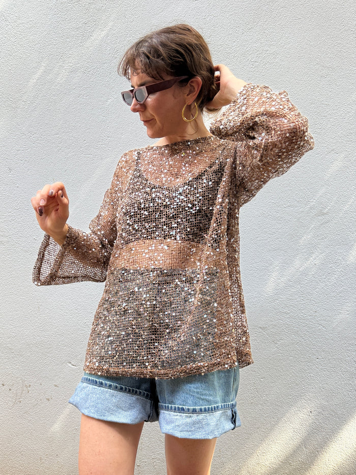 Oversized Sequin Long Sleeve Top – Mocha – By Frankie