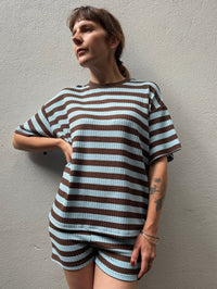 Chocolate & Blue Waffle Stripe Mini Shorts – By Frankie