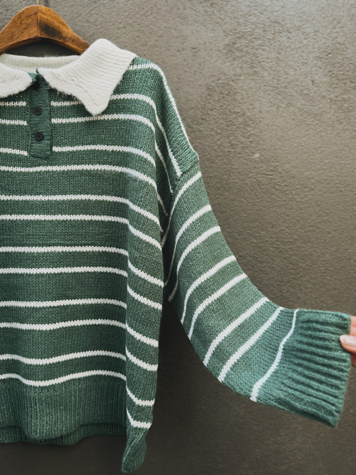 Retro Stripe Knit Polo / Vintage Green
