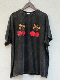 Washed Black Vintage Bow & Cherry Graphic Tee – By Frankie