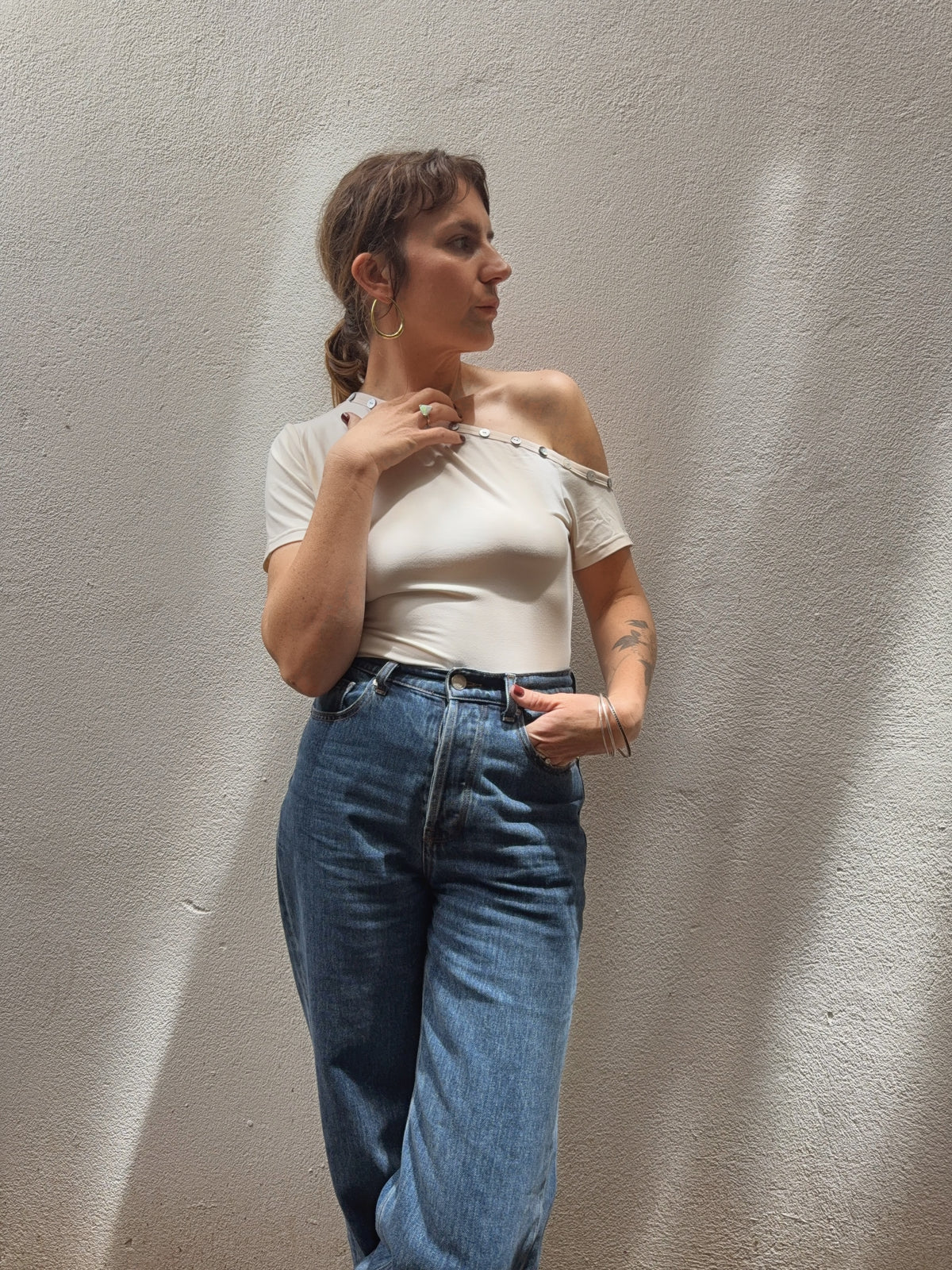 Off-Shoulder Button Top - Cream