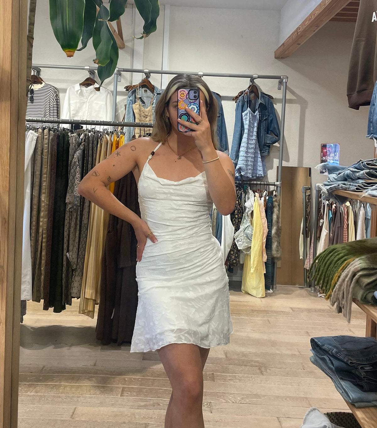 Floral Low Back Mini Dress – White