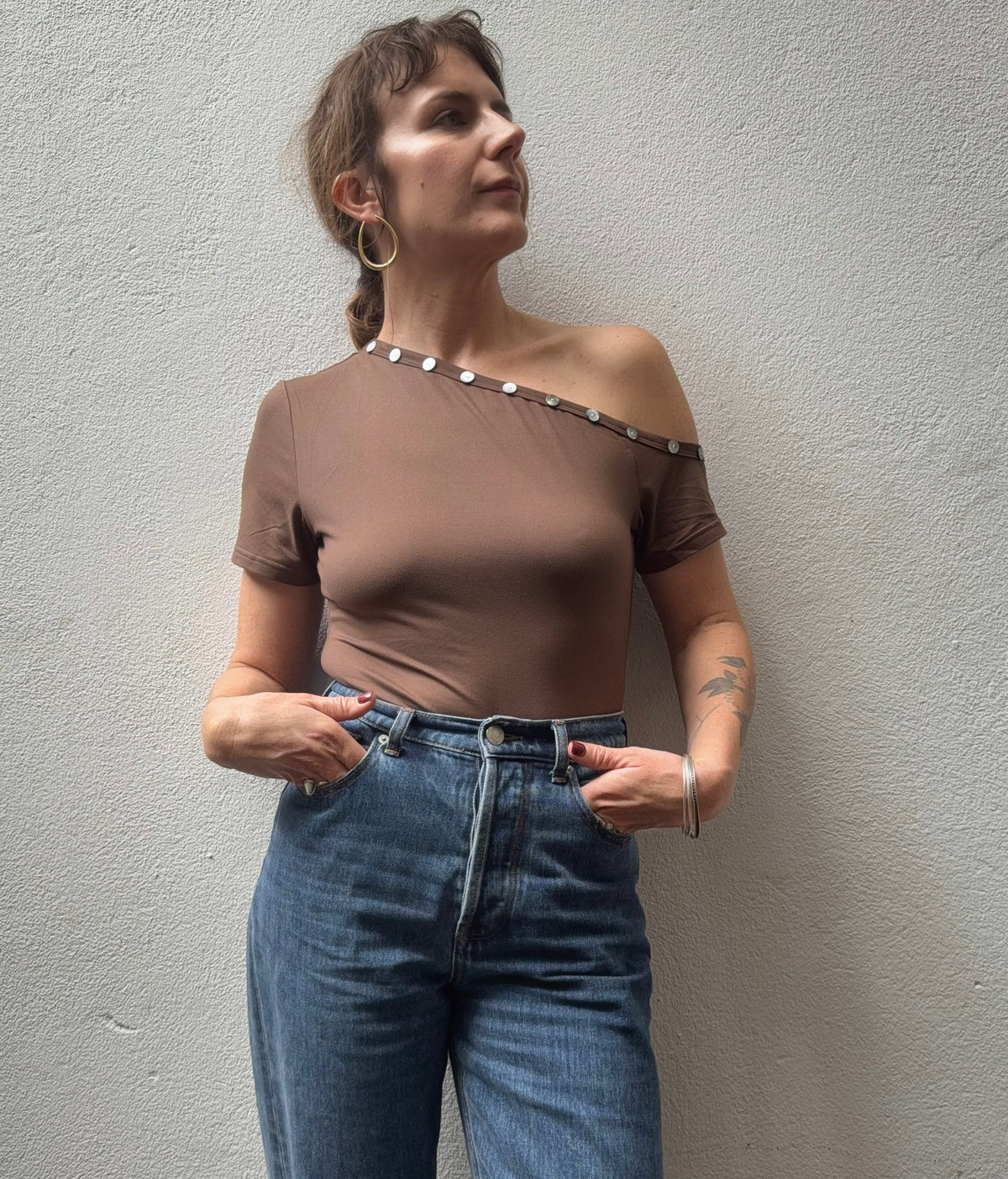 Off-Shoulder Button Top - Chocolate
