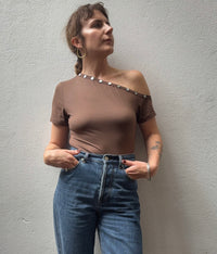 Off-Shoulder Button Top - Chocolate