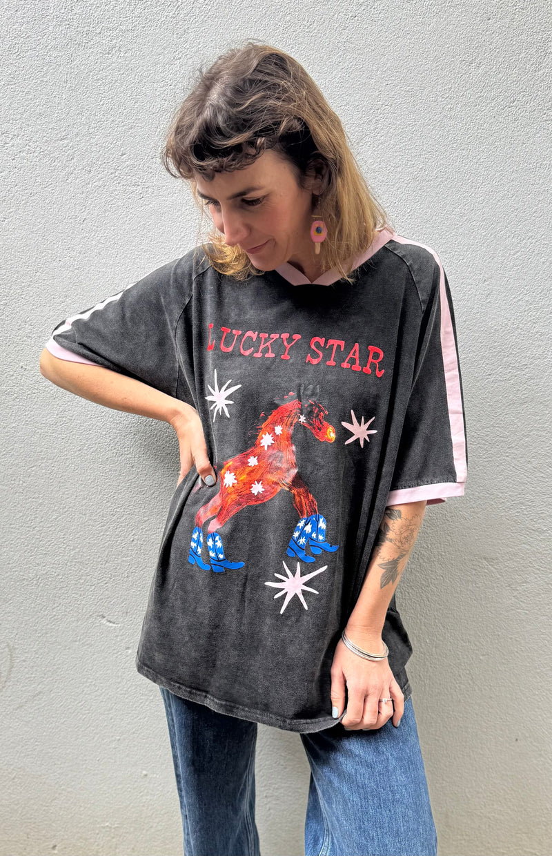 Lucky Star Ringer V-Neck Tee – Washed Black with Pink Trim – By Frankie