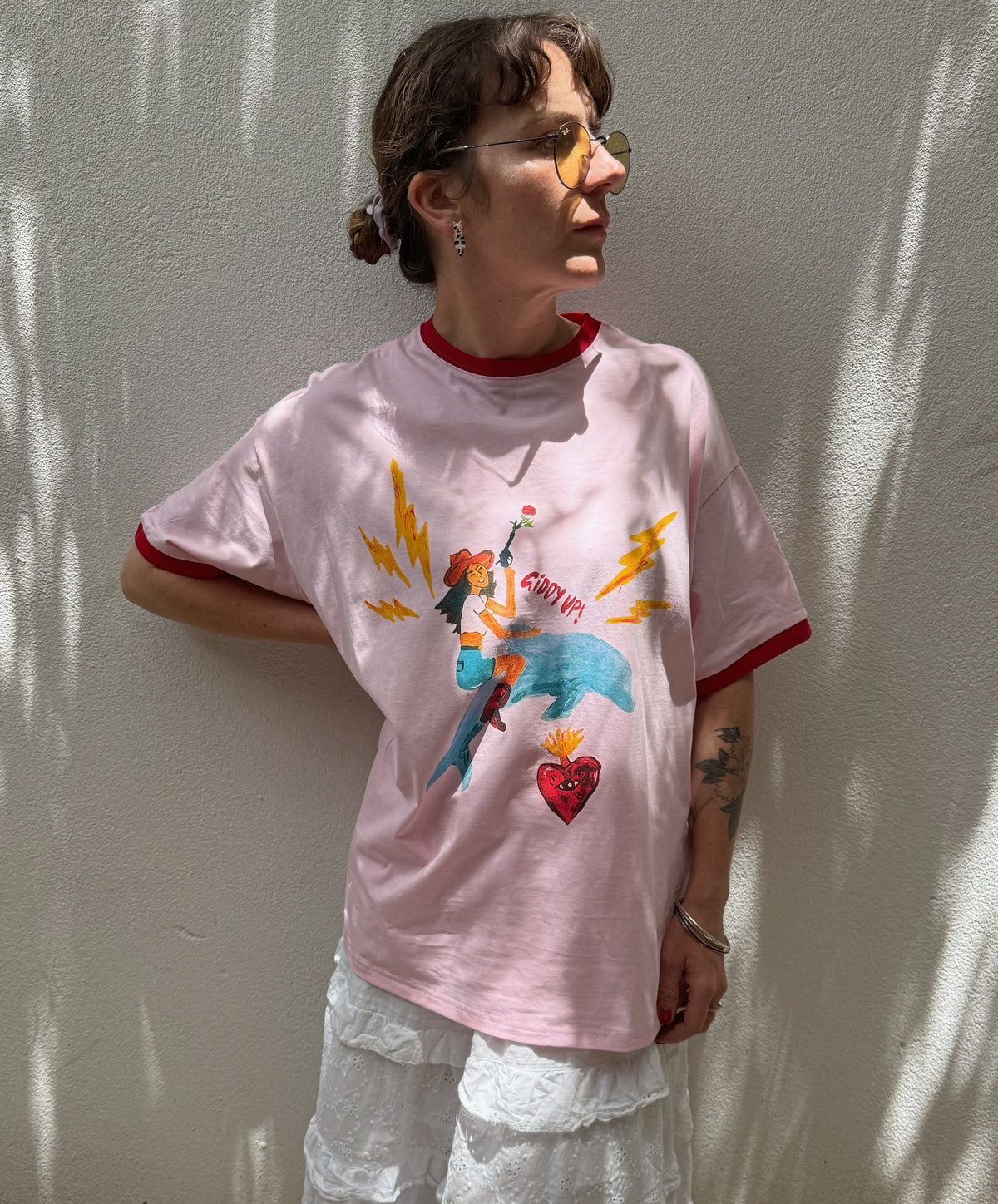 Giddy Up Ringer Tee – Pink Wash – By Frankie