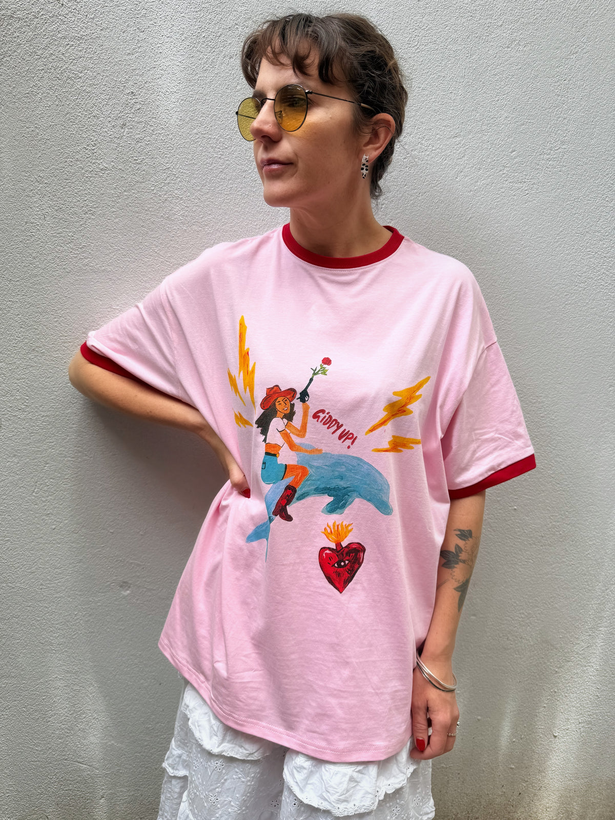 Giddy Up Ringer Tee – Pink Wash – By Frankie