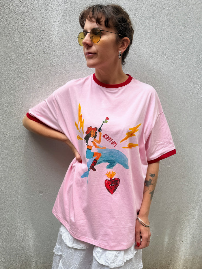 Giddy Up Ringer Tee – Pink Wash – By Frankie
