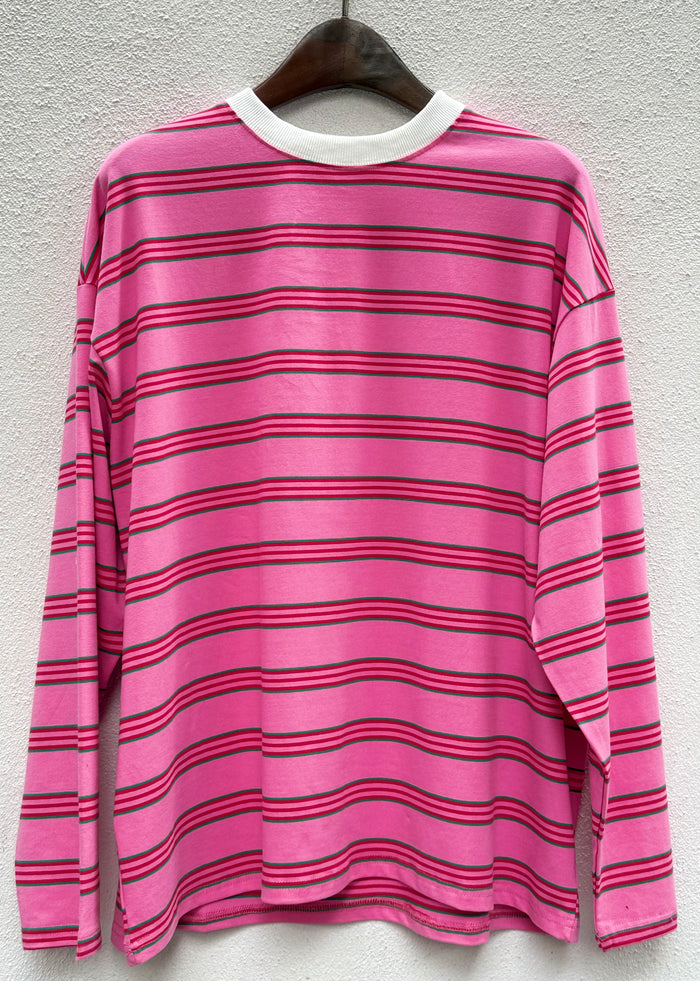 Pink with Red & Green Retro Striped Long Sleeve Top – By Frankie