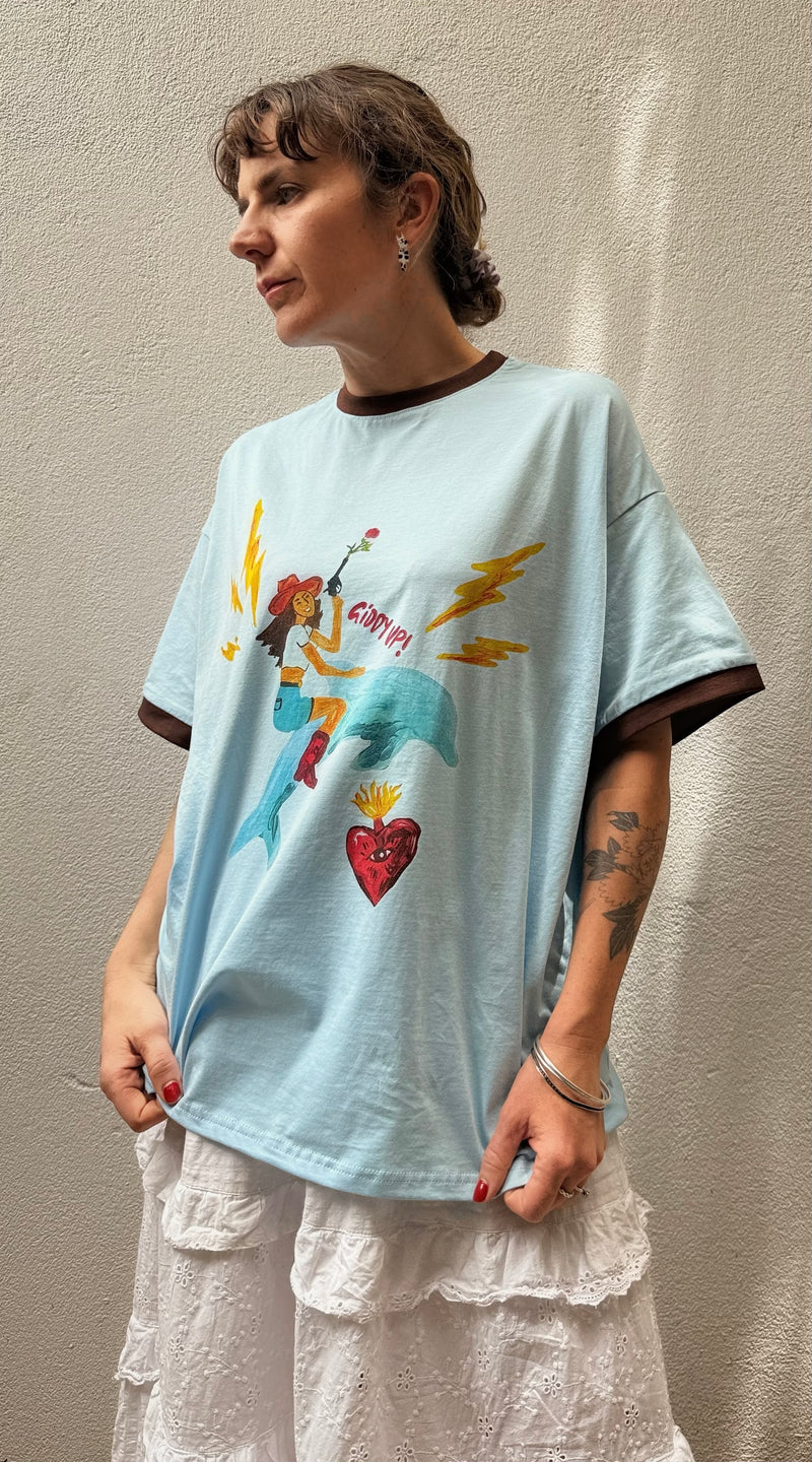 Giddy Up Ringer Tee – Light Blue Wash – By Frankie