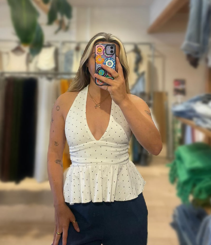 Polka Peplum Halter Top – Cotton Blend, Crinkle Finish - White