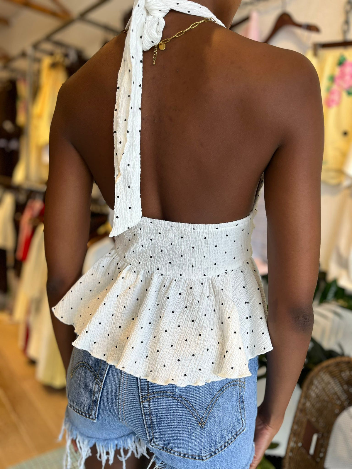 Polka Dot Halter Top – White