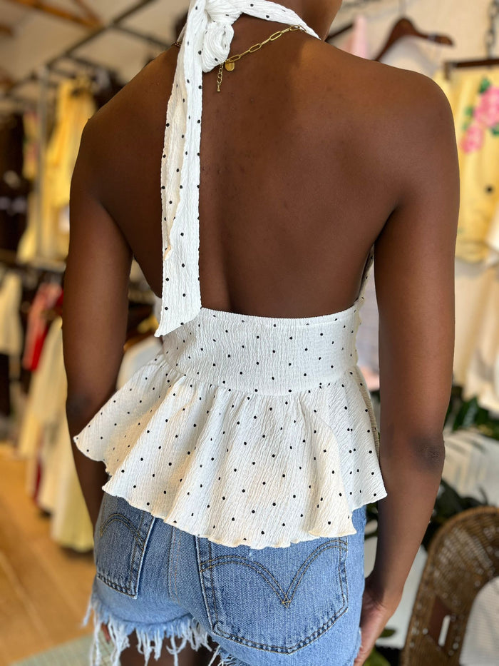 Polka Dot Halter Top – White