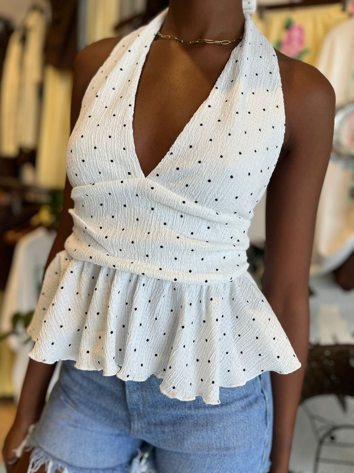Polka Dot Halter Top – White