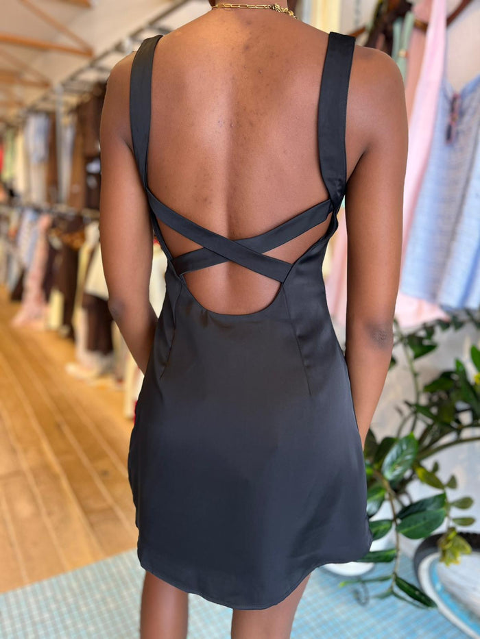 Silky Cross-Back Mini Dress - Black