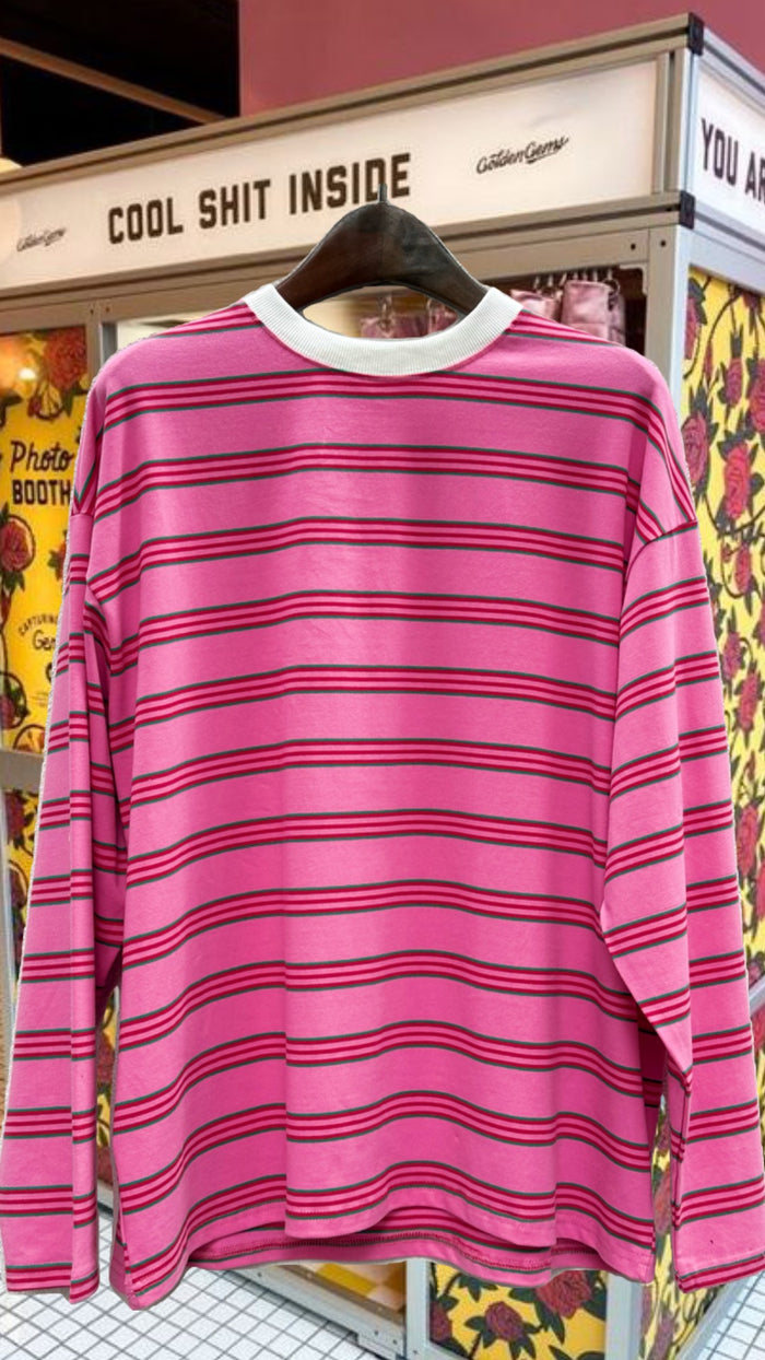 Pink with Red & Green Retro Striped Long Sleeve Top – By Frankie