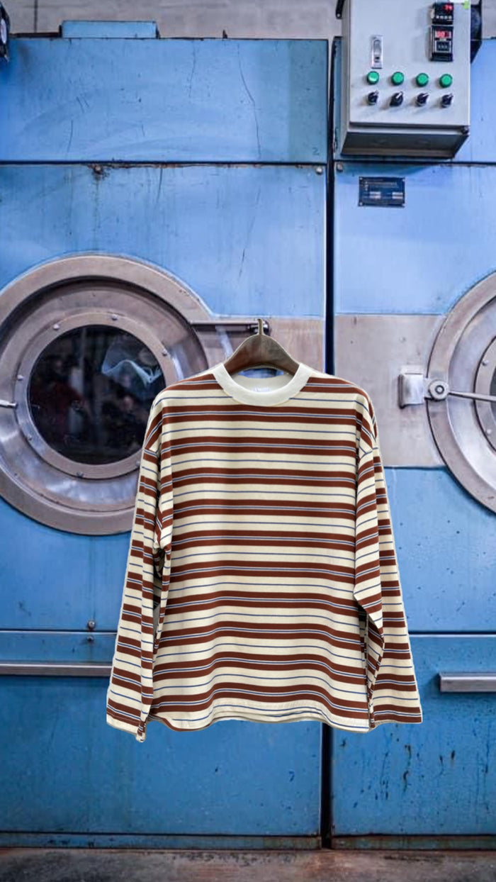 Cream with Cobalt & Choc Retro Striped Long Sleeve Top – By Frankie