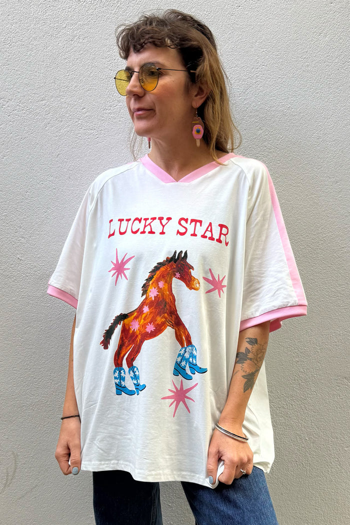 Lucky Star Ringer V-Neck Tee – White with Pink Trim – By Frankie