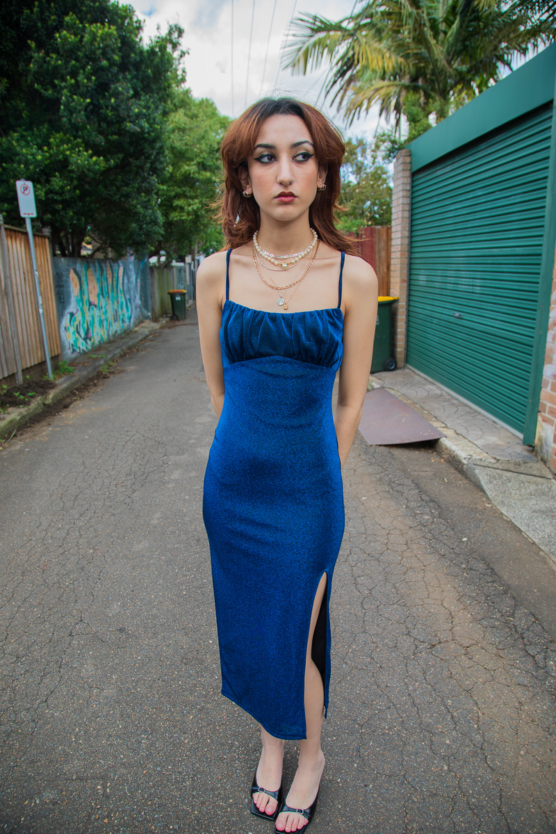 The Lucy Lurex Maxi Dress / Blue